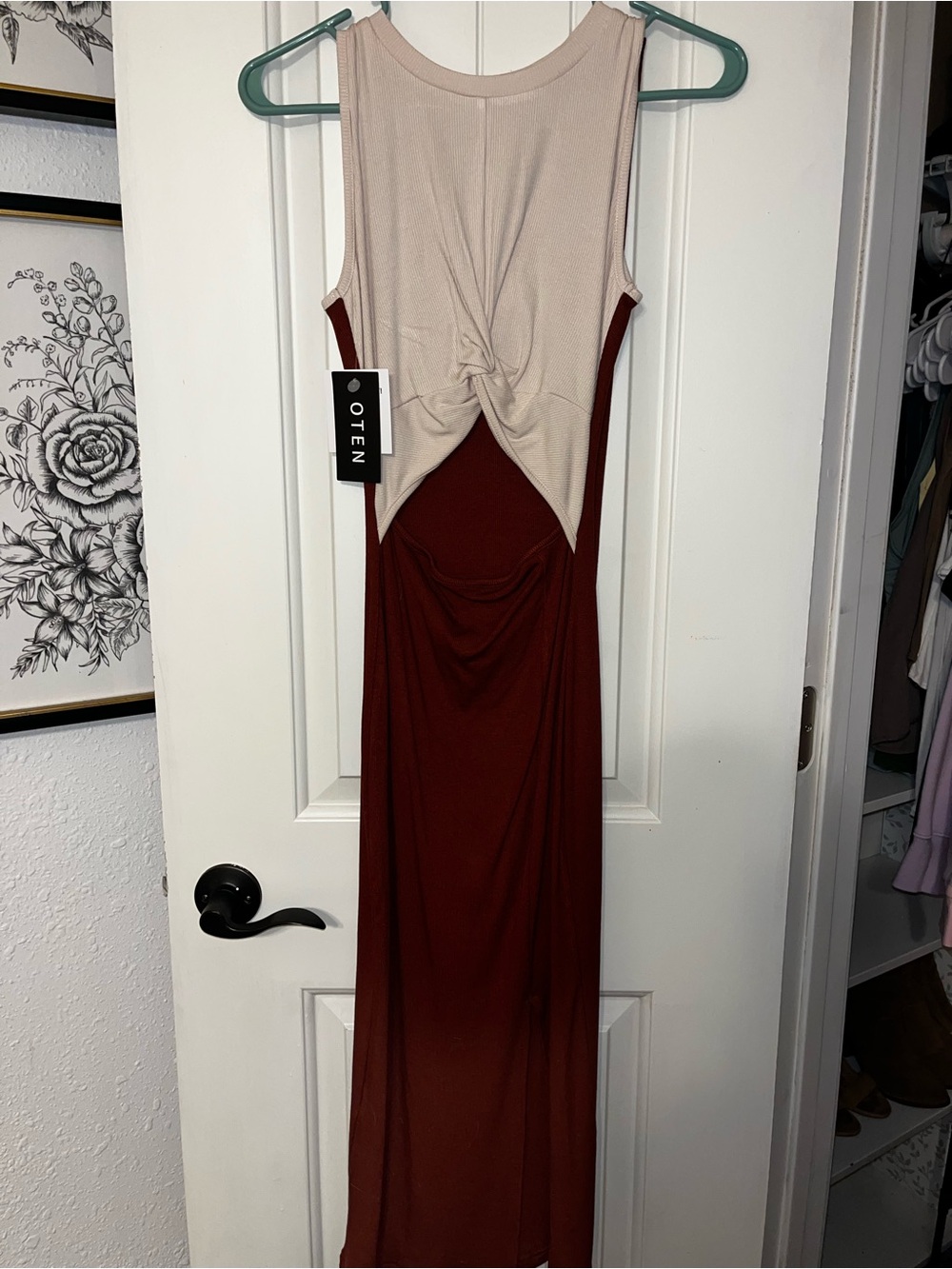 OTEN Two-Tone Twist Front Maxi Dress in Beige and Burgundy